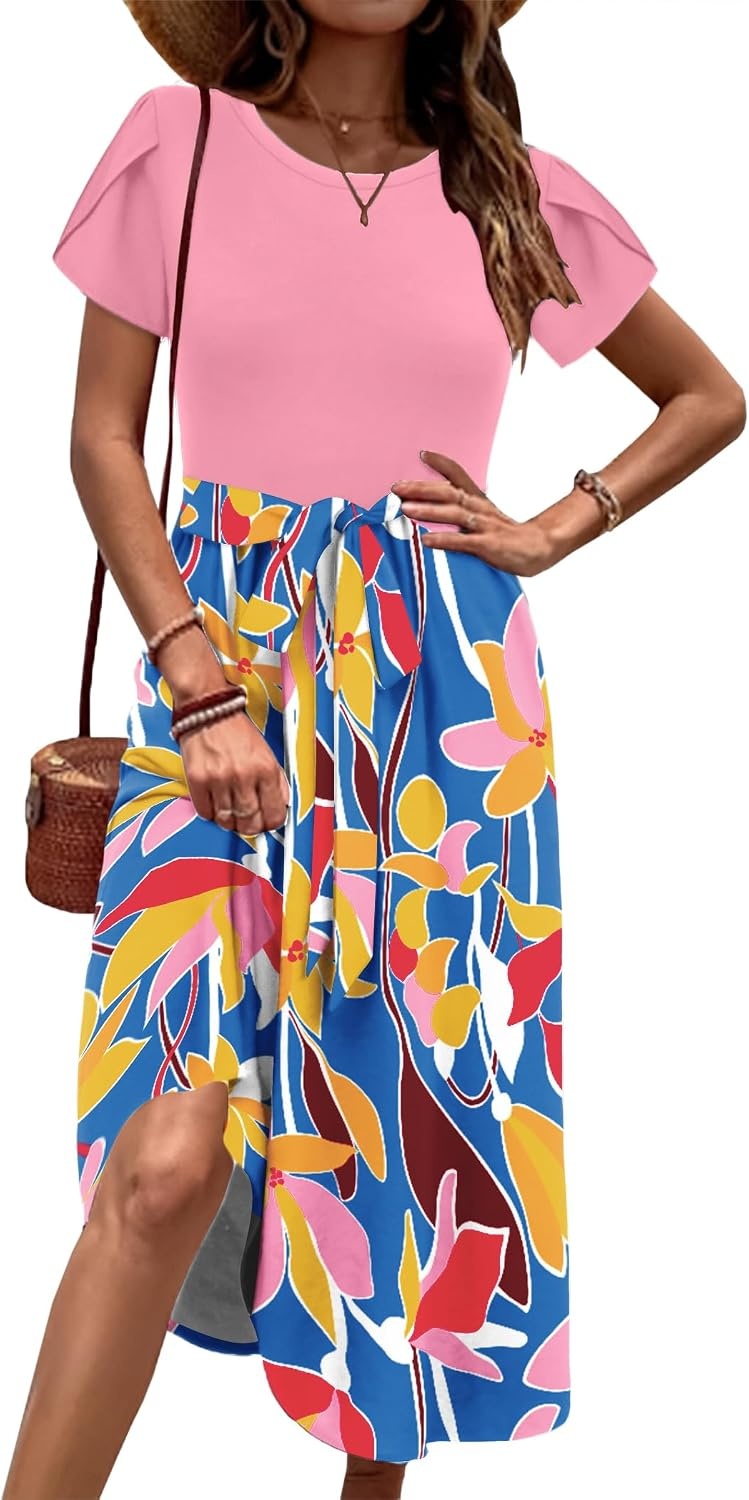 image:imageZeagoo Womens Midi Dress Summer Short Sleeve Dress with Pockets 2025 Casual Floral TShirt Dress Flowy Beach SundressPinkcolor Floral