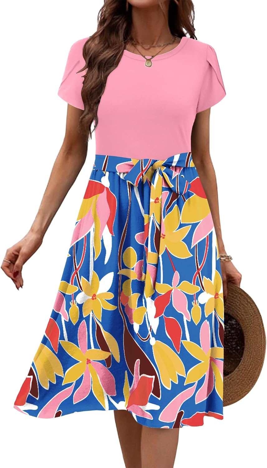 image:imageZeagoo Womens Midi Dress Summer Short Sleeve Dress with Pockets 2025 Casual Floral TShirt Dress Flowy Beach SundressPinkcolor Floral