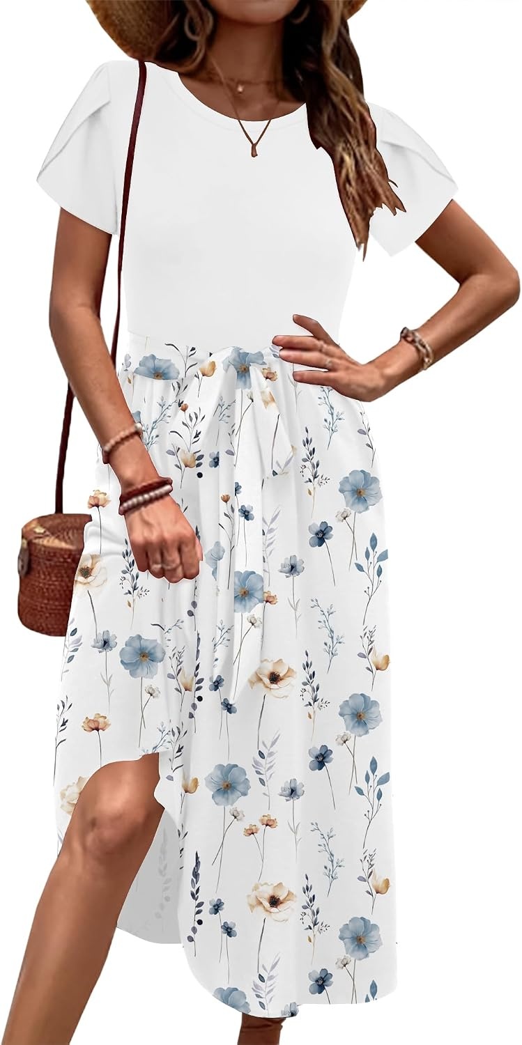 image:imageZeagoo Womens Midi Dress Summer Short Sleeve Dress with Pockets 2025 Casual Floral TShirt Dress Flowy Beach SundressPrint2