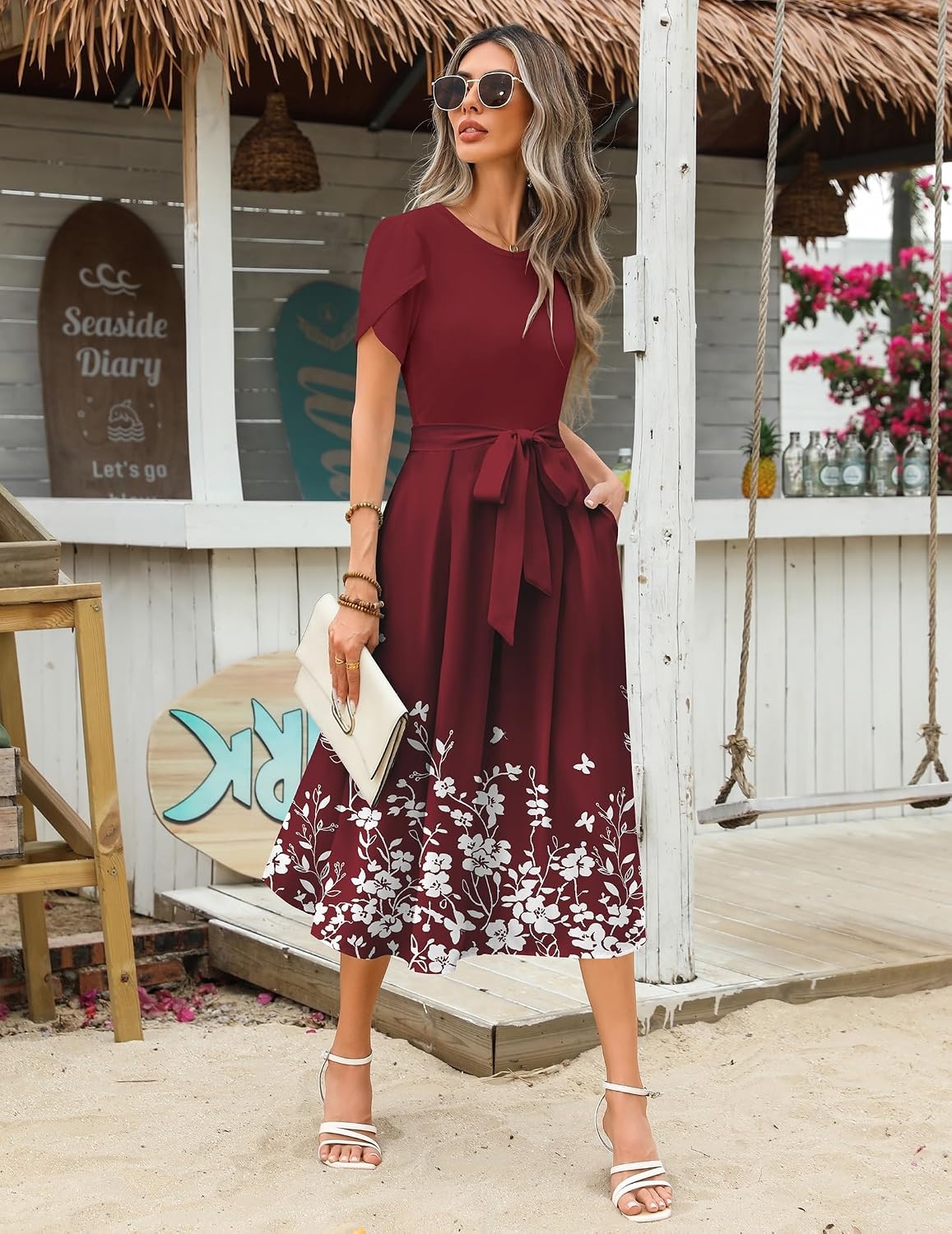 image:imageZeagoo Womens Midi Dress Summer Short Sleeve Dress with Pockets 2025 Casual Floral TShirt Dress Flowy Beach SundressRed Floralprinted
