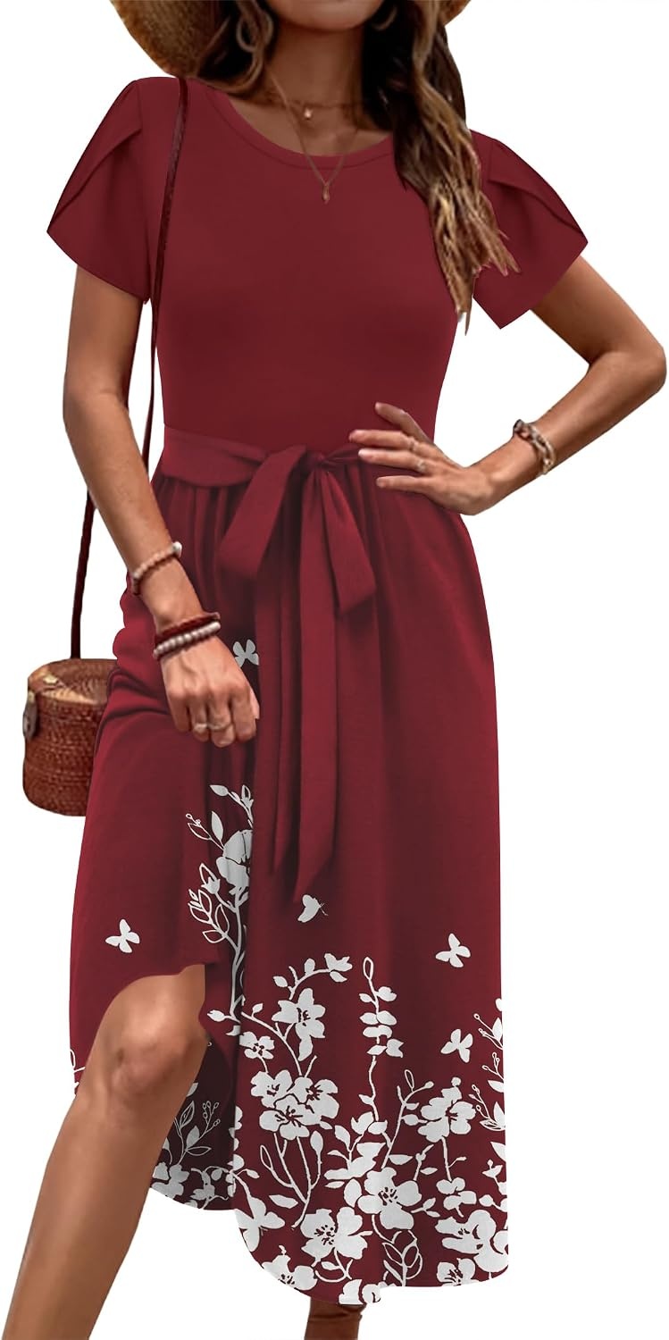 image:imageZeagoo Womens Midi Dress Summer Short Sleeve Dress with Pockets 2025 Casual Floral TShirt Dress Flowy Beach SundressRed Floralprinted
