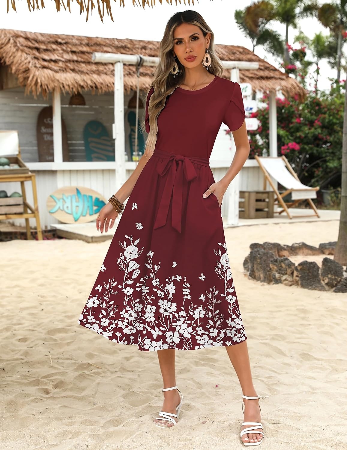 image:imageZeagoo Womens Midi Dress Summer Short Sleeve Dress with Pockets 2025 Casual Floral TShirt Dress Flowy Beach SundressRed Floralprinted
