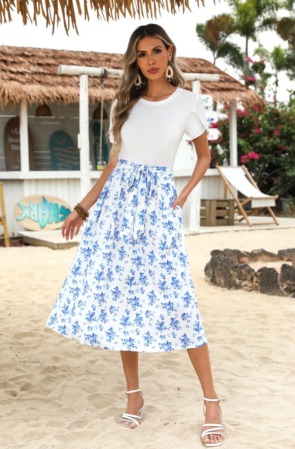 image:imageZeagoo Womens Midi Dress Summer Short Sleeve Dress with Pockets 2025 Casual Floral TShirt Dress Flowy Beach SundressWhite Bluefloral