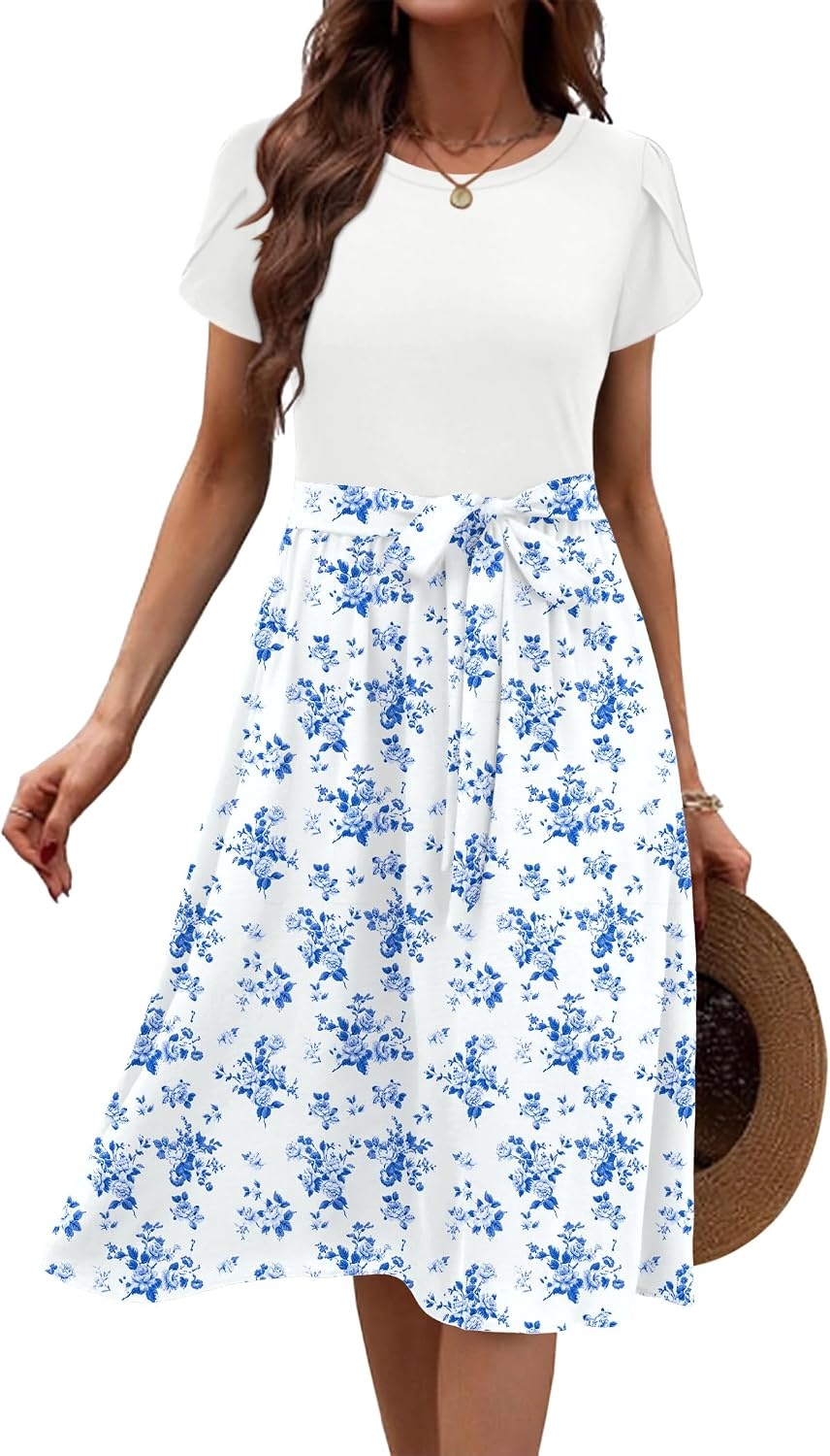 image:imageZeagoo Womens Midi Dress Summer Short Sleeve Dress with Pockets 2025 Casual Floral TShirt Dress Flowy Beach SundressWhite Bluefloral
