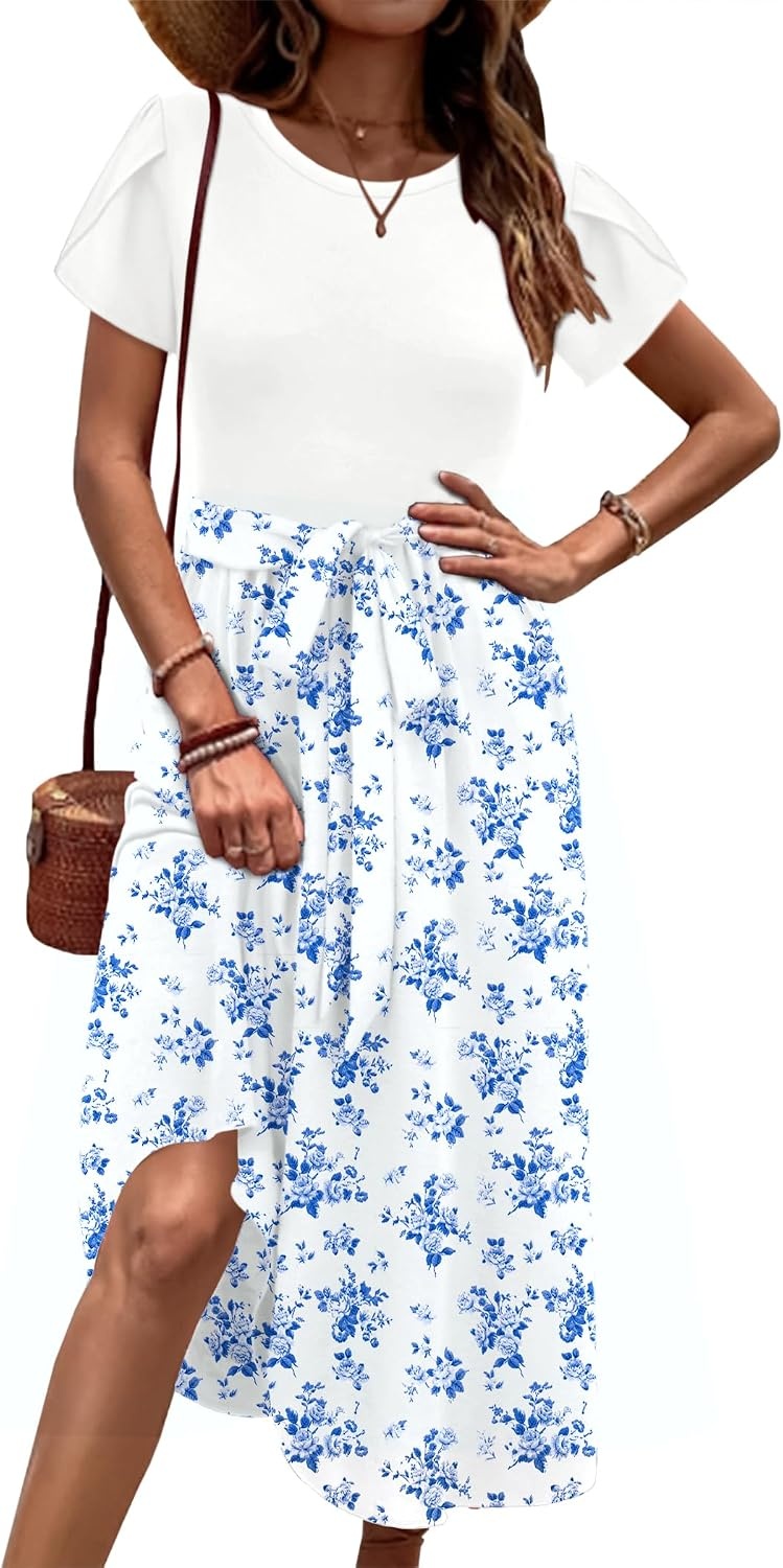 image:imageZeagoo Womens Midi Dress Summer Short Sleeve Dress with Pockets 2025 Casual Floral TShirt Dress Flowy Beach SundressWhite Bluefloral