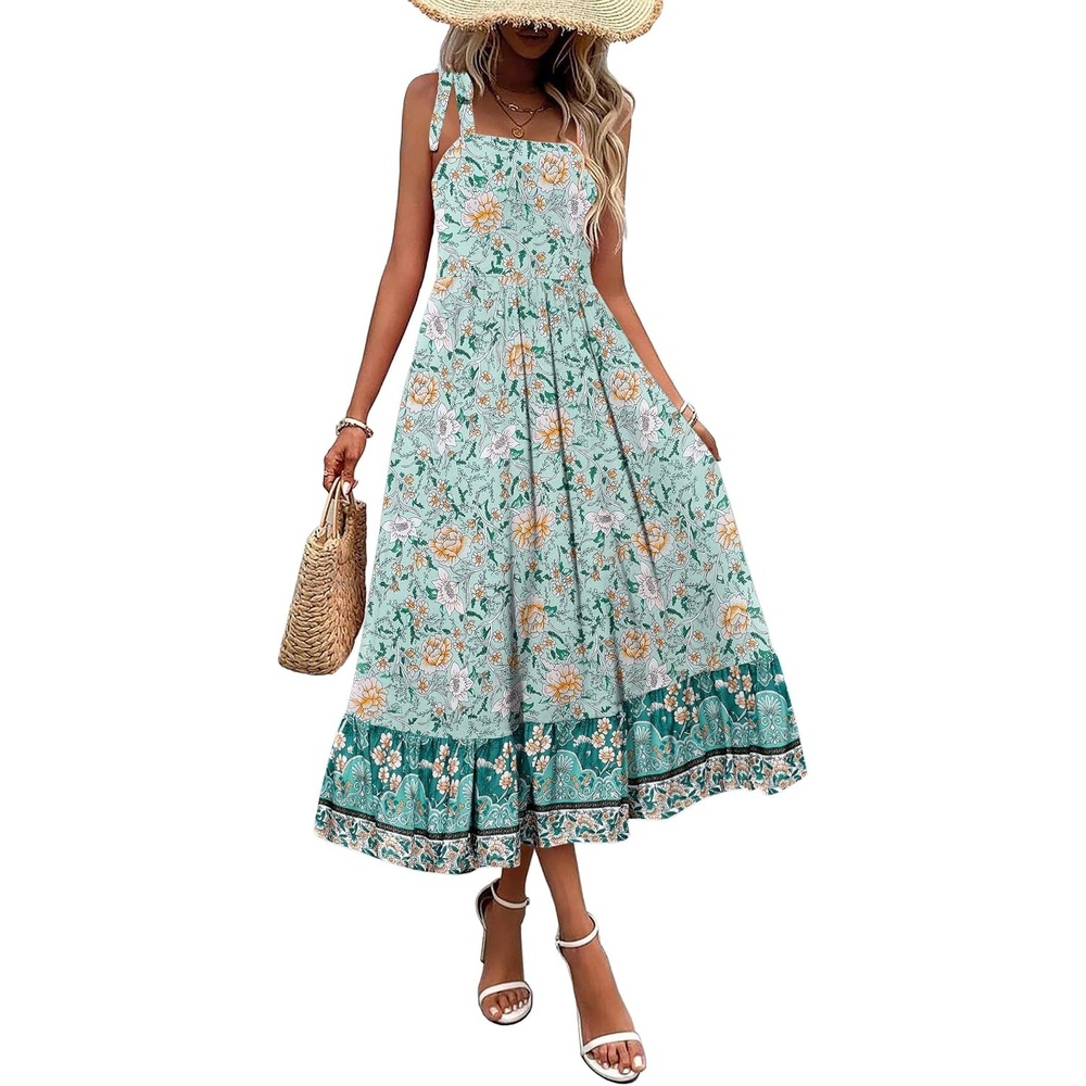 image:imageZeagoo Women Summer Maxi Dress with Pockets 2025 Spaghetti Strap Sundress Casual Flowy Boho Dress Floral Tiered Beach DressGreen Flower
