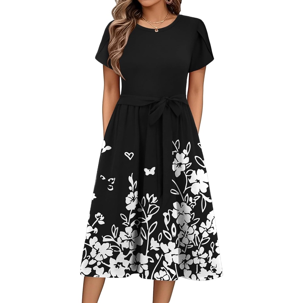 image:imageZeagoo Womens Midi Dress Summer Short Sleeve Dress with Pockets 2025 Casual Floral TShirt Dress Flowy Beach SundressBlack Floral04
