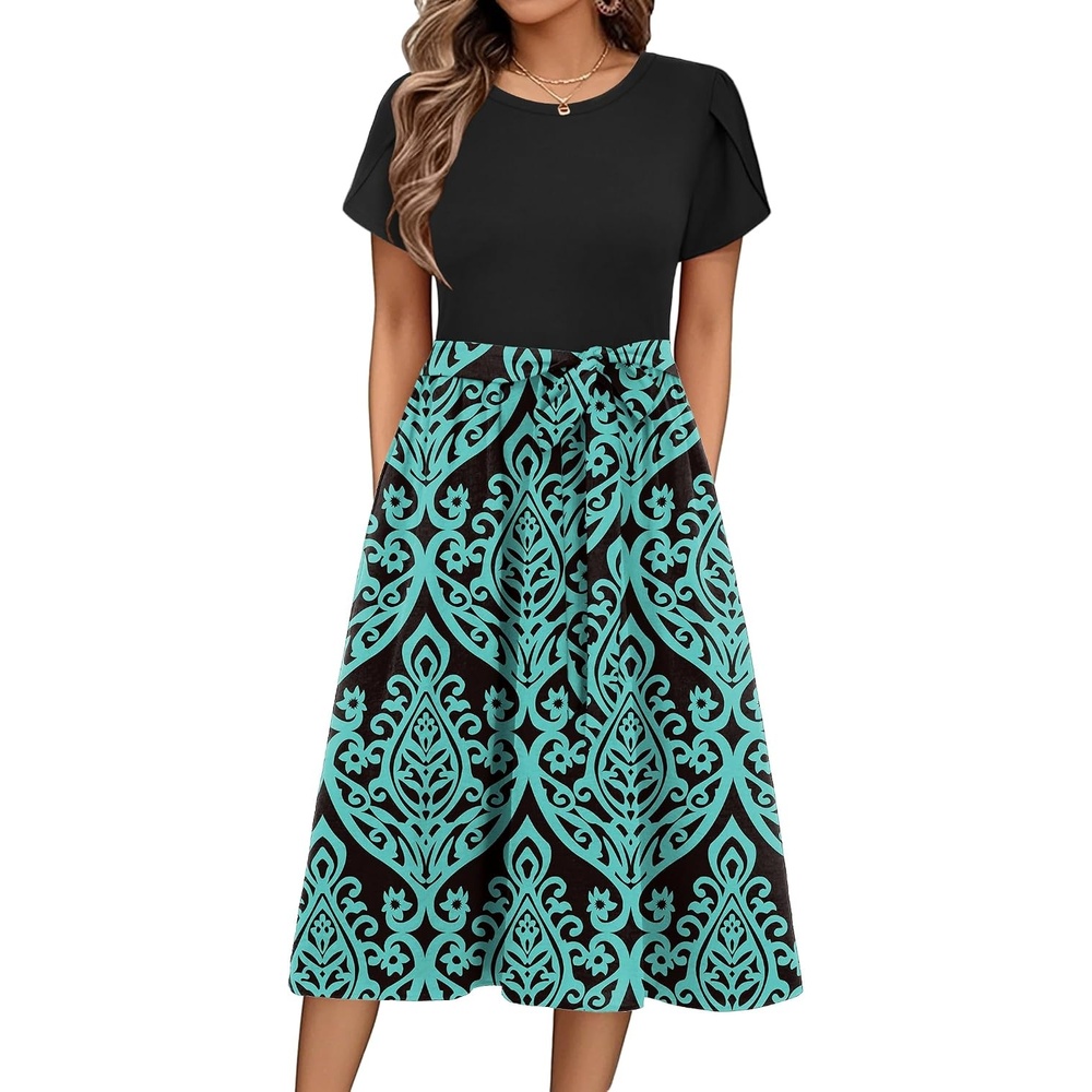 image:imageZeagoo Womens Midi Dress Summer Short Sleeve Dress with Pockets 2025 Casual Floral TShirt Dress Flowy Beach SundressBlackblue Floral
