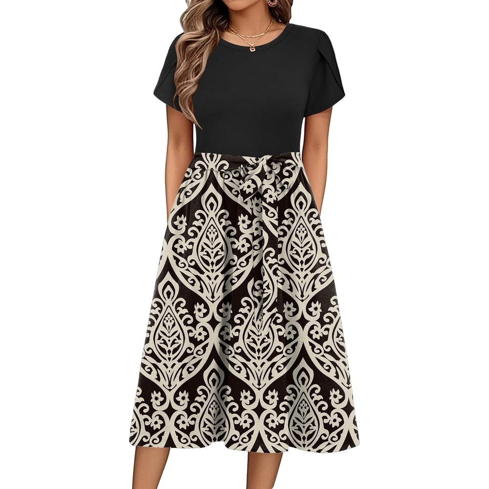 image:imageZeagoo Womens Midi Dress Summer Short Sleeve Dress with Pockets 2025 Casual Floral TShirt Dress Flowy Beach SundressBlackfloral02