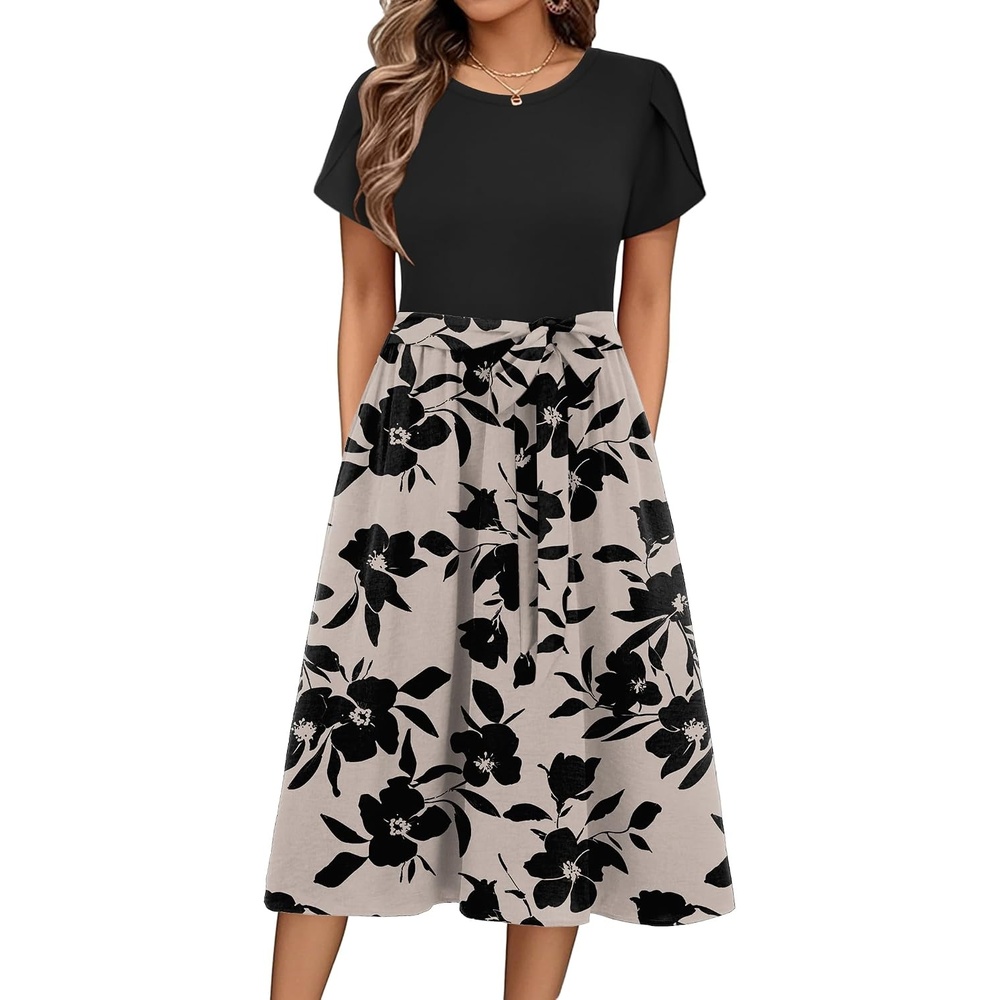 image:imageZeagoo Womens Midi Dress Summer Short Sleeve Dress with Pockets 2025 Casual Floral TShirt Dress Flowy Beach SundressBlackfloral03