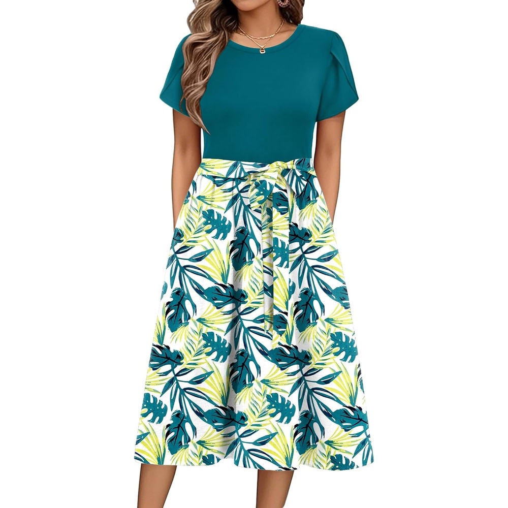 image:imageZeagoo Womens Midi Dress Summer Short Sleeve Dress with Pockets 2025 Casual Floral TShirt Dress Flowy Beach SundressBluegreenfloral