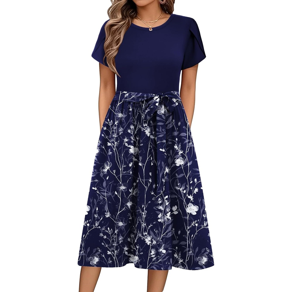 image:imageZeagoo Womens Midi Dress Summer Short Sleeve Dress with Pockets 2025 Casual Floral TShirt Dress Flowy Beach SundressFloralpat20