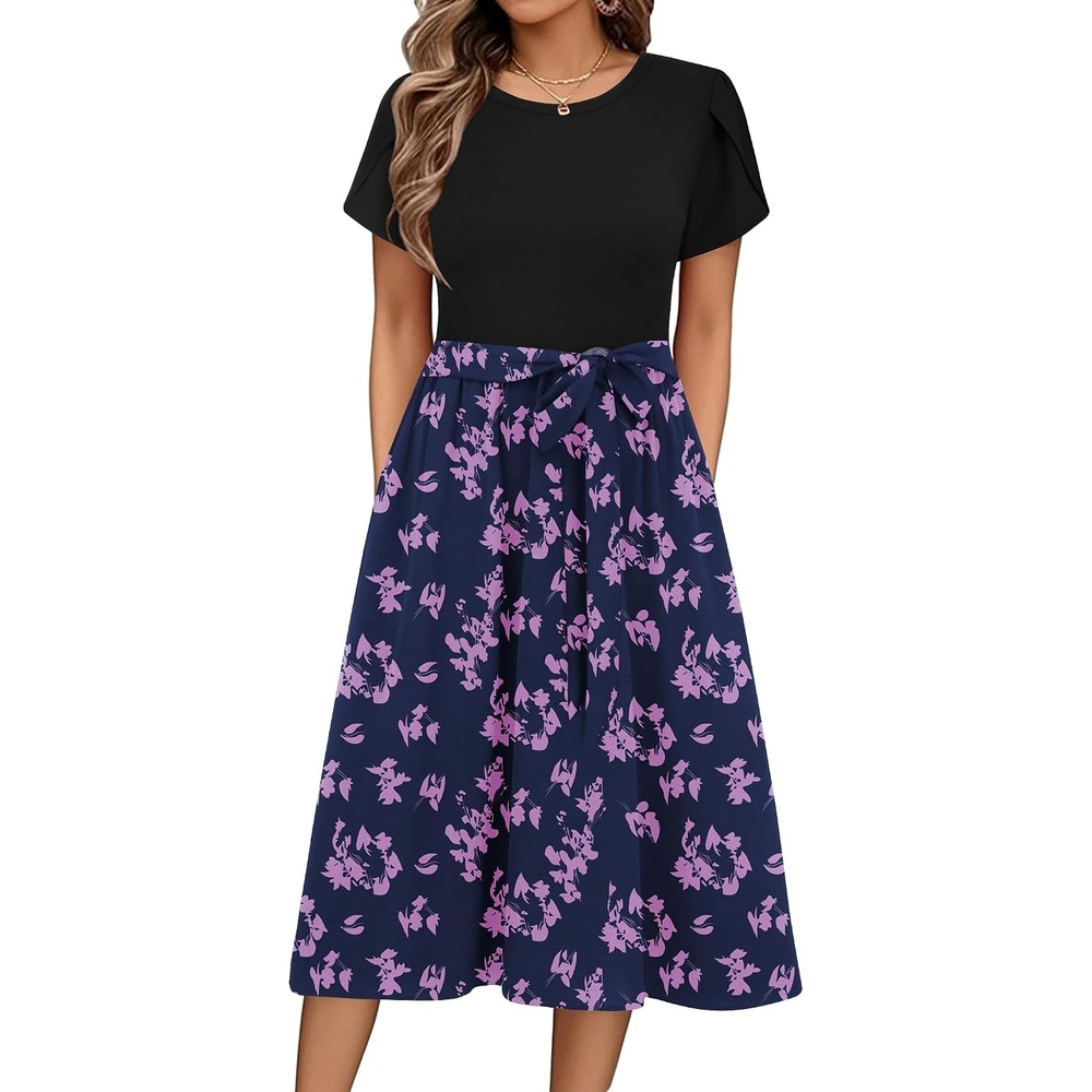 image:imageZeagoo Womens Midi Dress Summer Short Sleeve Dress with Pockets 2025 Casual Floral TShirt Dress Flowy Beach SundressLeaf Print2
