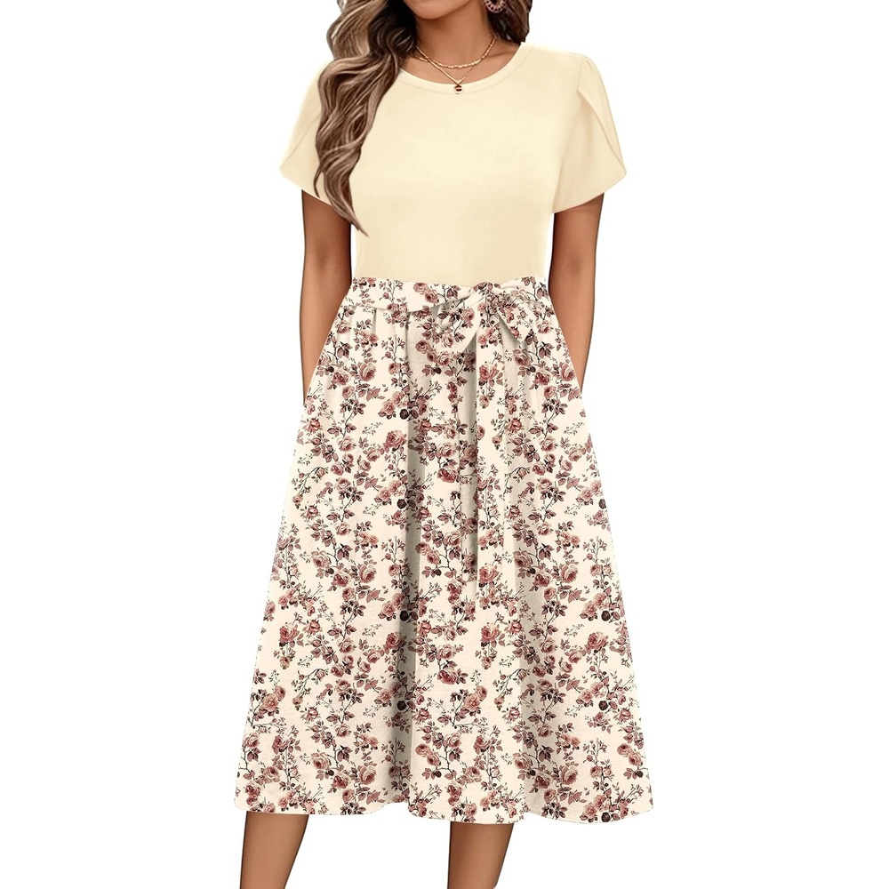 image:imageZeagoo Womens Midi Dress Summer Short Sleeve Dress with Pockets 2025 Casual Floral TShirt Dress Flowy Beach SundressLight Khakfloral