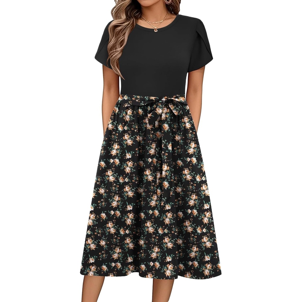 image:imageZeagoo Womens Midi Dress Summer Short Sleeve Dress with Pockets 2025 Casual Floral TShirt Dress Flowy Beach SundressPat72