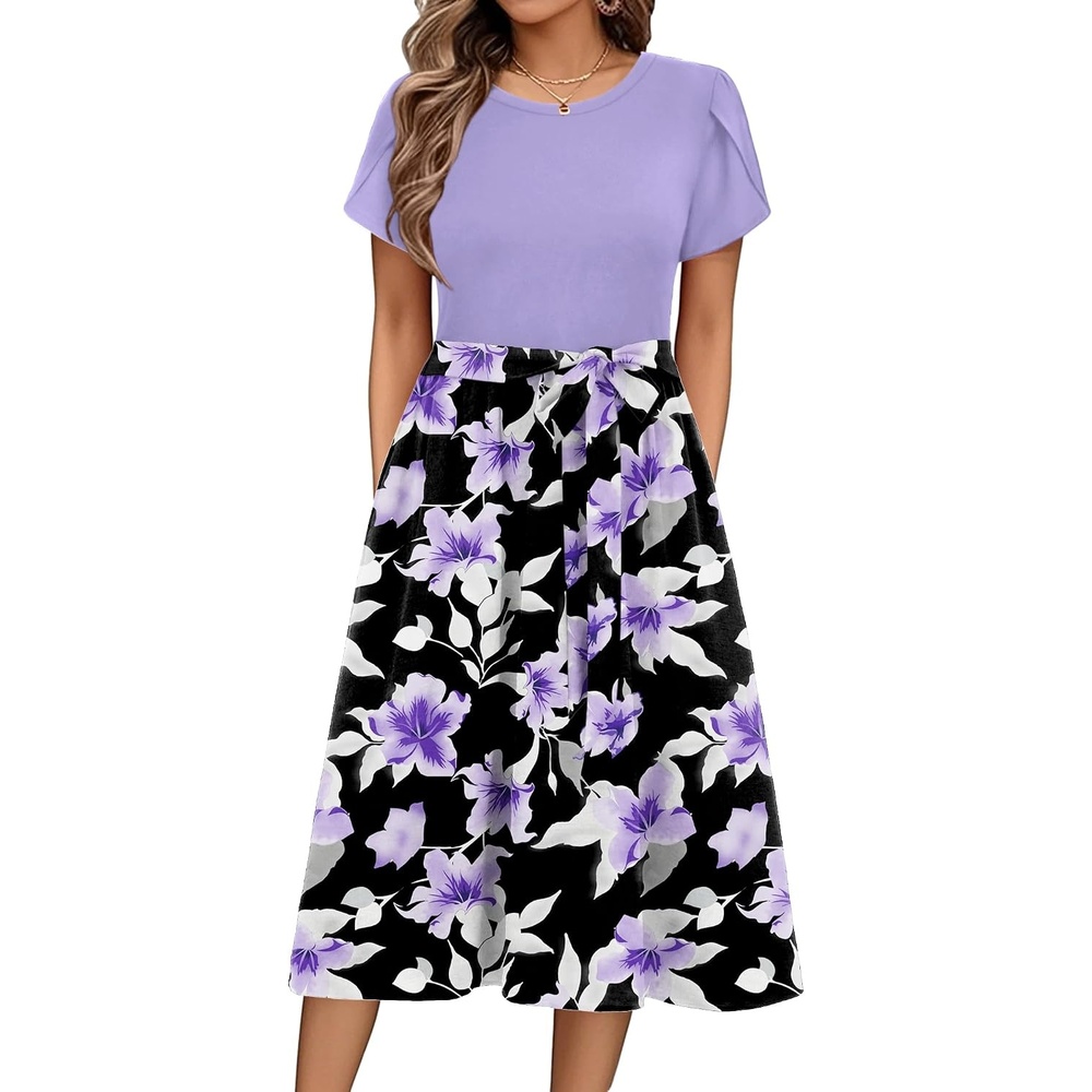 image:imageZeagoo Womens Midi Dress Summer Short Sleeve Dress with Pockets 2025 Casual Floral TShirt Dress Flowy Beach SundressPruplefloral