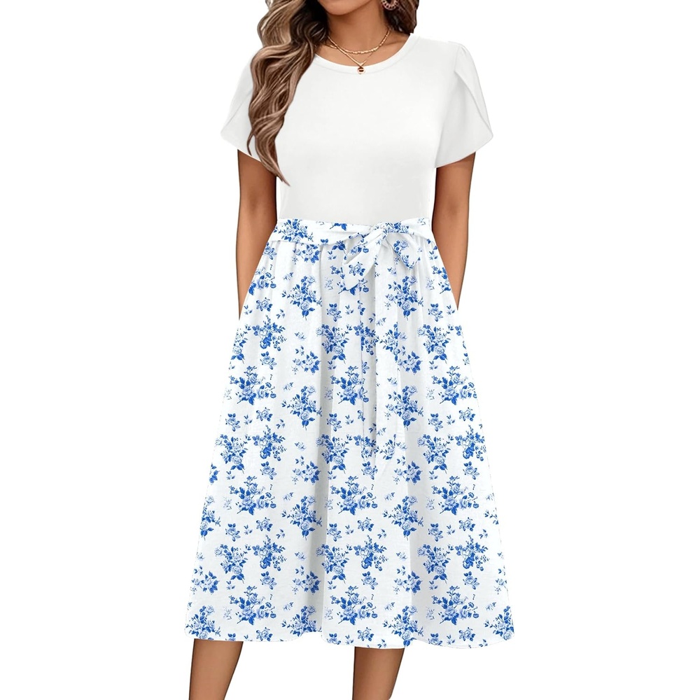 image:imageZeagoo Womens Midi Dress Summer Short Sleeve Dress with Pockets 2025 Casual Floral TShirt Dress Flowy Beach SundressWhite Bluefloral