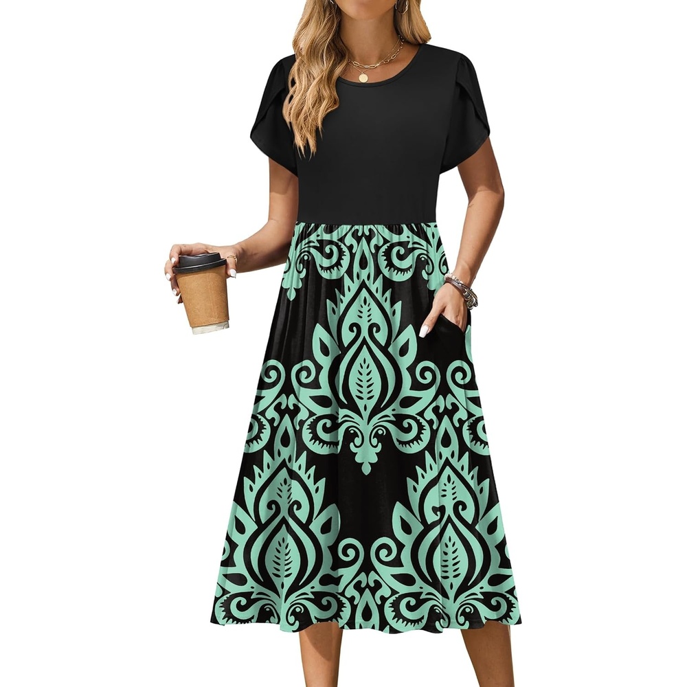 image:imageZeagoo Womens Summer Dresses Casual Aline Midi Dress Short Sleeve Floral Tshirt Dress Flowy Beach Sundresses with PocketsBlue Floral Black