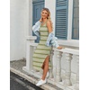Zeagoo Womens Casual Summer Dress Sleeveless Striped Midi Dresses Beach Vacation Bodycon Knit Side Slit Tank Sundresses(Green and White Striped)