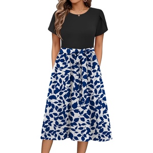 Zeagoo Womens Midi Dress Summer Short Sleeve Dress with Pockets 2025 Casual Floral T-Shirt Dress Flowy Beach Sundress(Leaf Print-1)