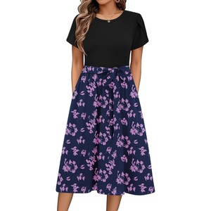 Zeagoo Womens Midi Dress Summer Short Sleeve Dress with Pockets 2025 Casual Floral T-Shirt Dress Flowy Beach Sundress(Leaf Print-2)