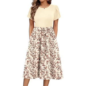 Zeagoo Womens Midi Dress Summer Short Sleeve Dress with Pockets 2025 Casual Floral T-Shirt Dress Flowy Beach Sundress(Light Khak-floral)