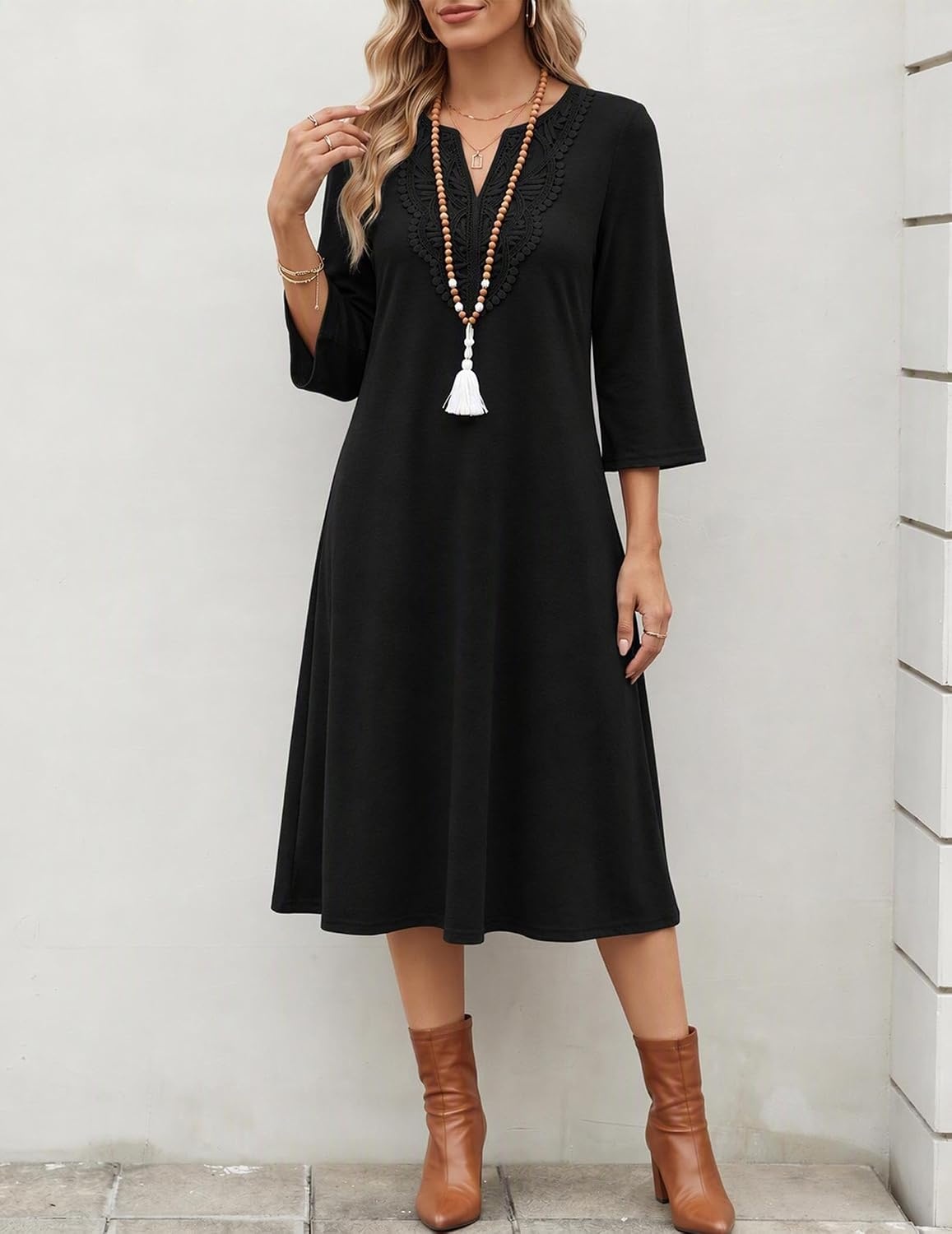 image:imageZeagoo 34 Sleeve Dress for Women Midi Dresses V Neck Lace Casual SundressAblack