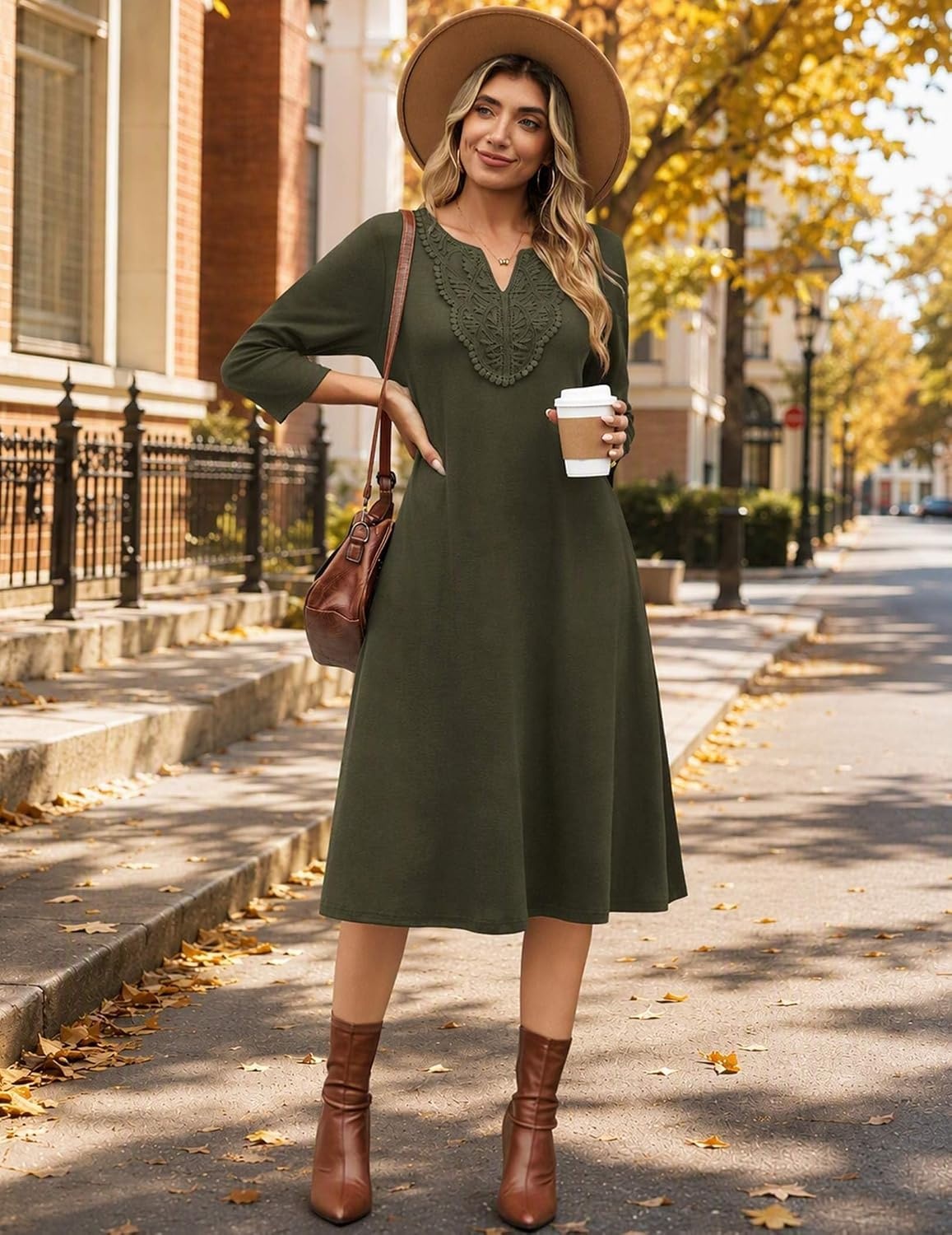 image:imageZeagoo 34 Sleeve Dress for Women Midi Dresses V Neck Lace Casual SundressArmy Green