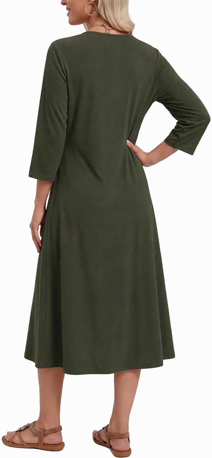 image:imageZeagoo 34 Sleeve Dress for Women Midi Dresses V Neck Lace Casual SundressArmy Green