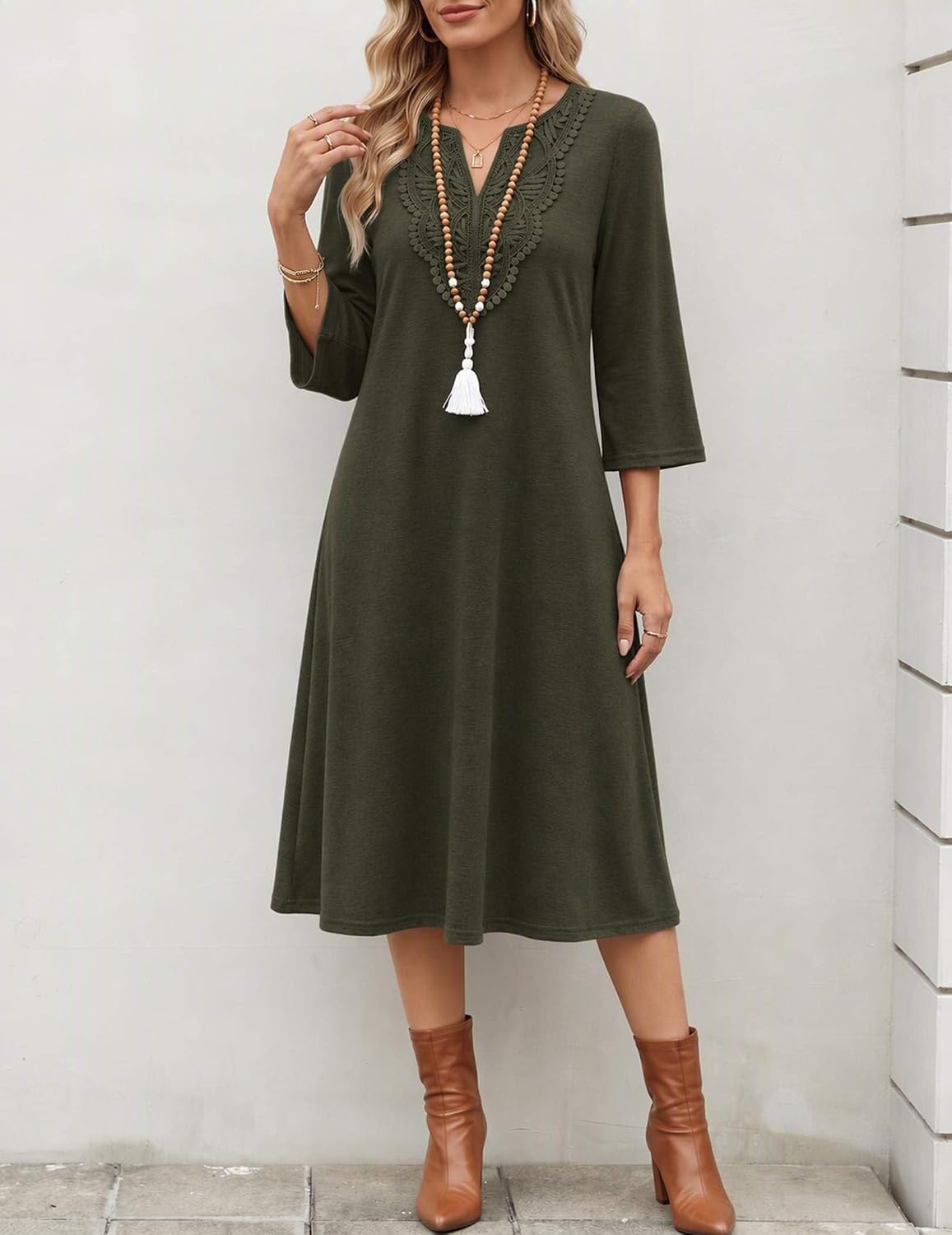 image:imageZeagoo 34 Sleeve Dress for Women Midi Dresses V Neck Lace Casual SundressArmy Green
