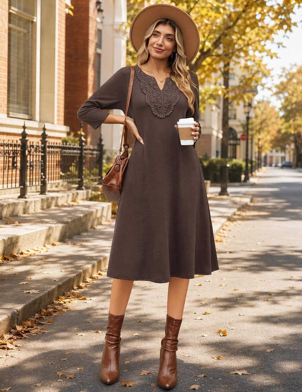 image:imageZeagoo 34 Sleeve Dress for Women Midi Dresses V Neck Lace Casual SundressBrown