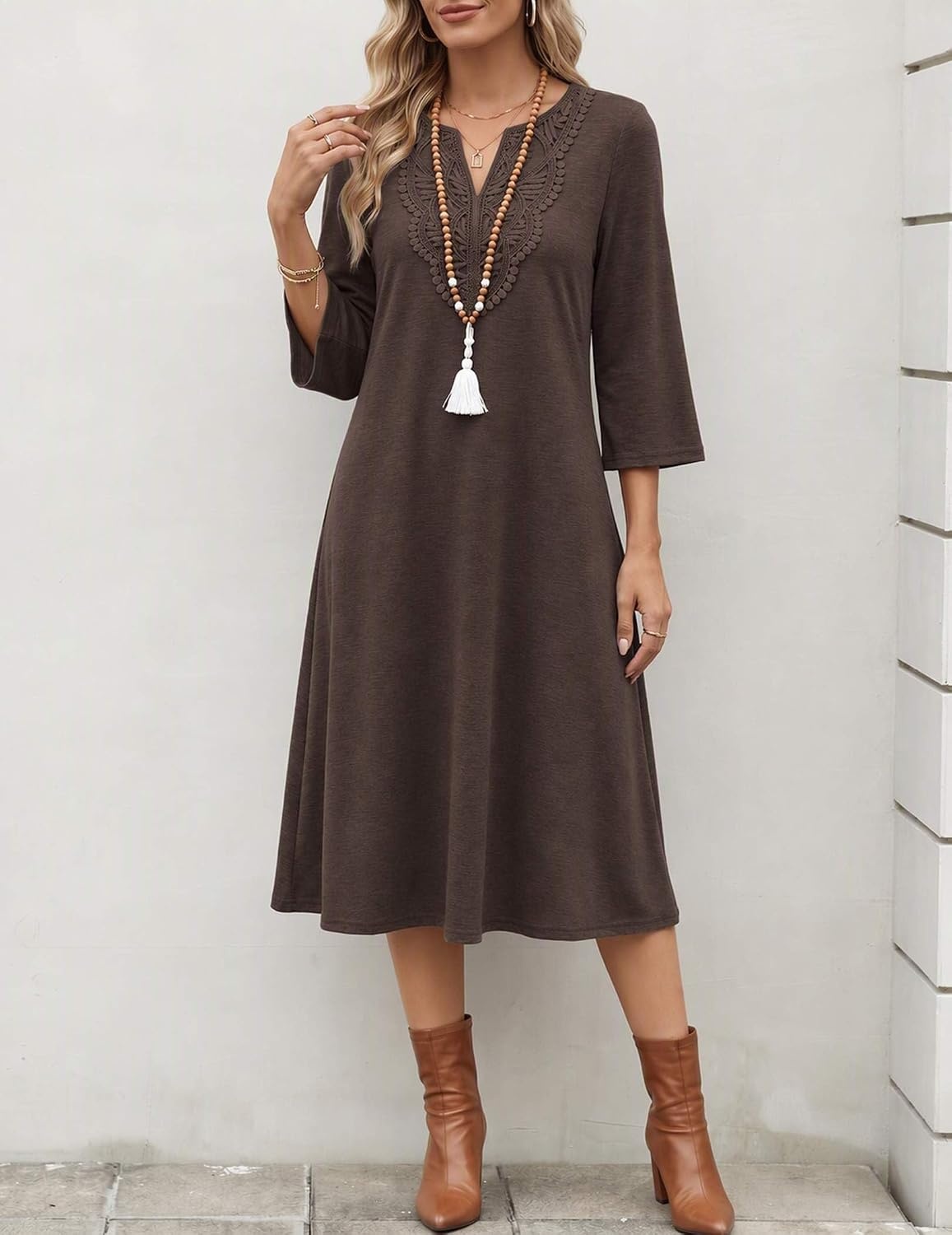 image:imageZeagoo 34 Sleeve Dress for Women Midi Dresses V Neck Lace Casual SundressBrown