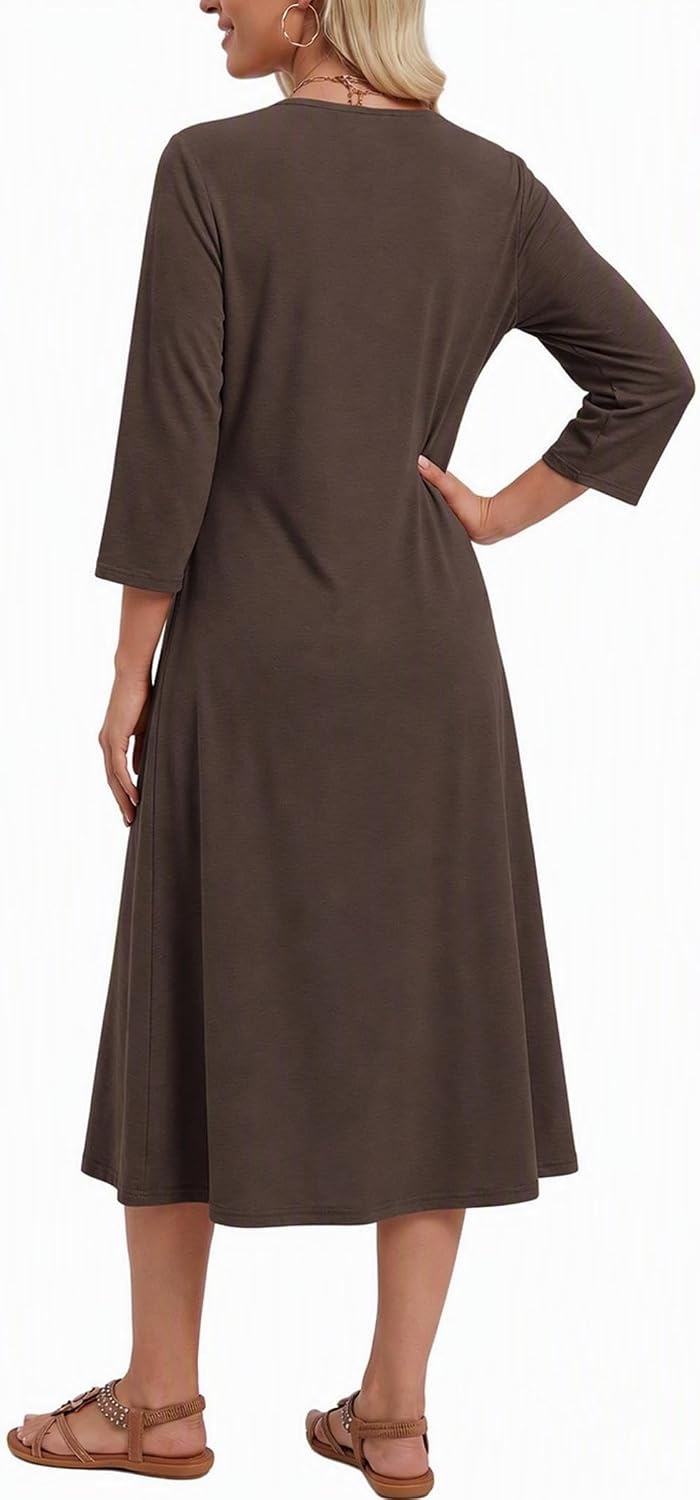 image:imageZeagoo 34 Sleeve Dress for Women Midi Dresses V Neck Lace Casual SundressBrown