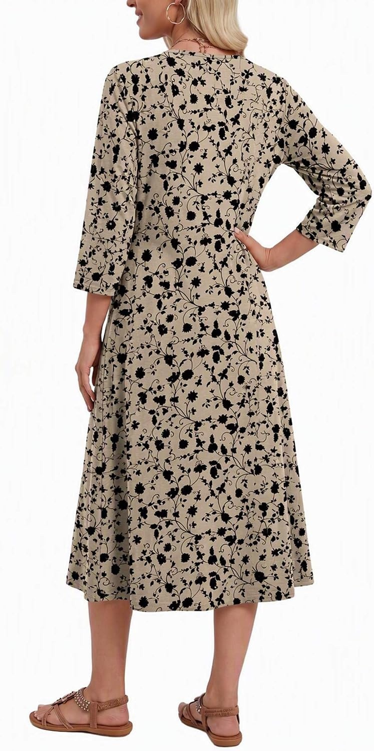 image:imageZeagoo 34 Sleeve Dress for Women Midi Dresses V Neck Lace Casual SundressBrown Floral 01