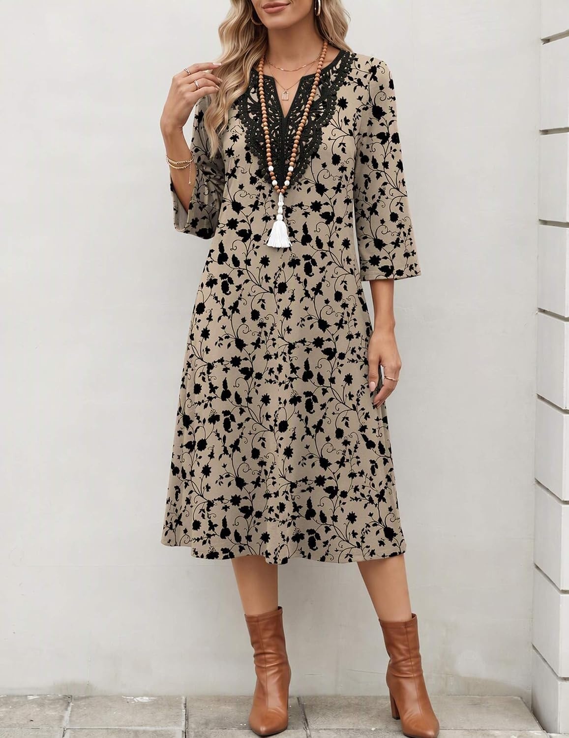 image:imageZeagoo 34 Sleeve Dress for Women Midi Dresses V Neck Lace Casual SundressBrown Floral 01