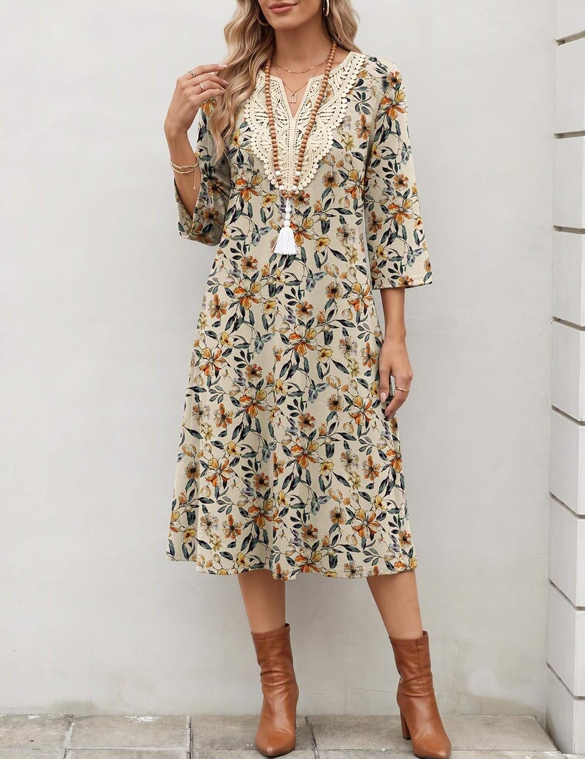 image:imageZeagoo 34 Sleeve Dress for Women Midi Dresses V Neck Lace Casual SundressBrown Floral 02