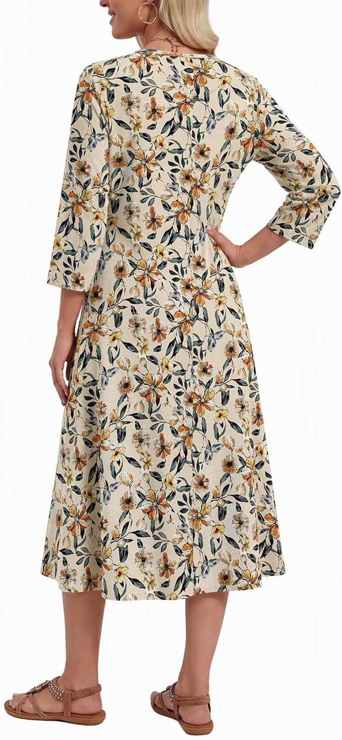 image:imageZeagoo 34 Sleeve Dress for Women Midi Dresses V Neck Lace Casual SundressBrown Floral 02