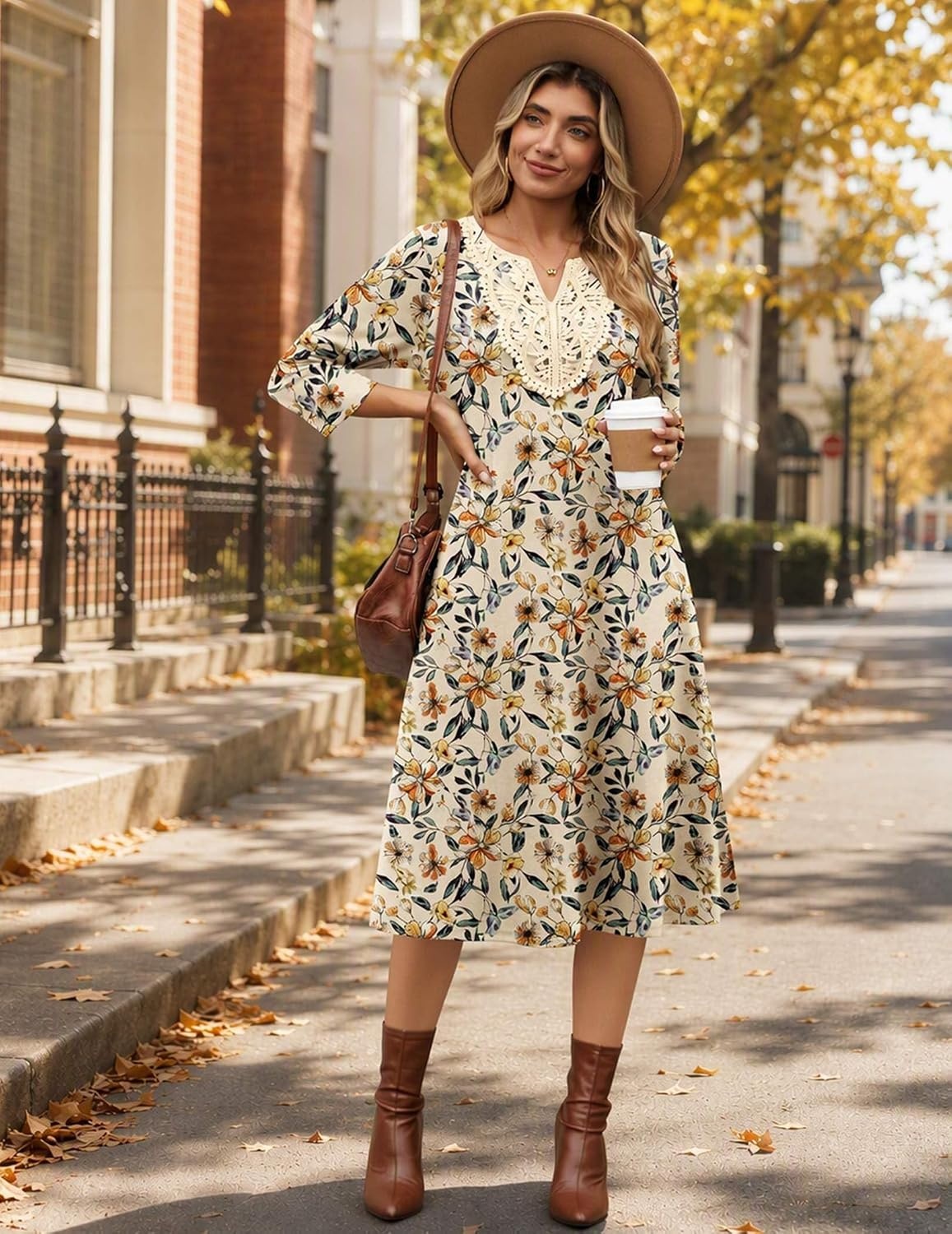 image:imageZeagoo 34 Sleeve Dress for Women Midi Dresses V Neck Lace Casual SundressBrown Floral 02