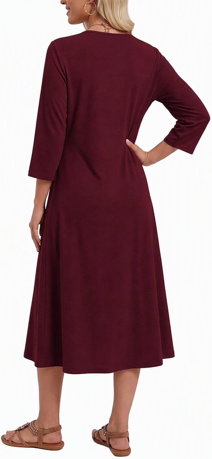 image:imageZeagoo 34 Sleeve Dress for Women Midi Dresses V Neck Lace Casual SundressDeep Red