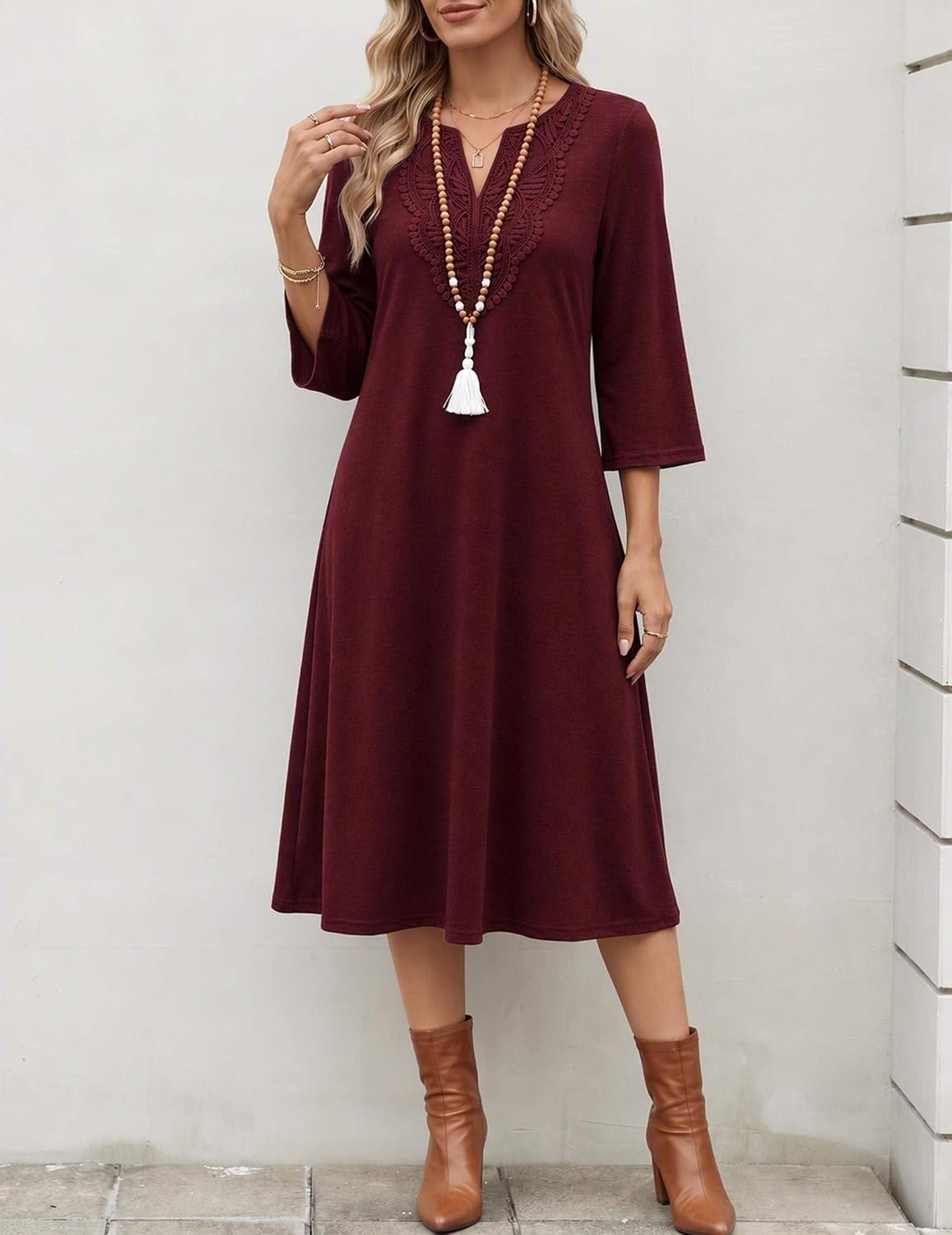 image:imageZeagoo 34 Sleeve Dress for Women Midi Dresses V Neck Lace Casual SundressDeep Red