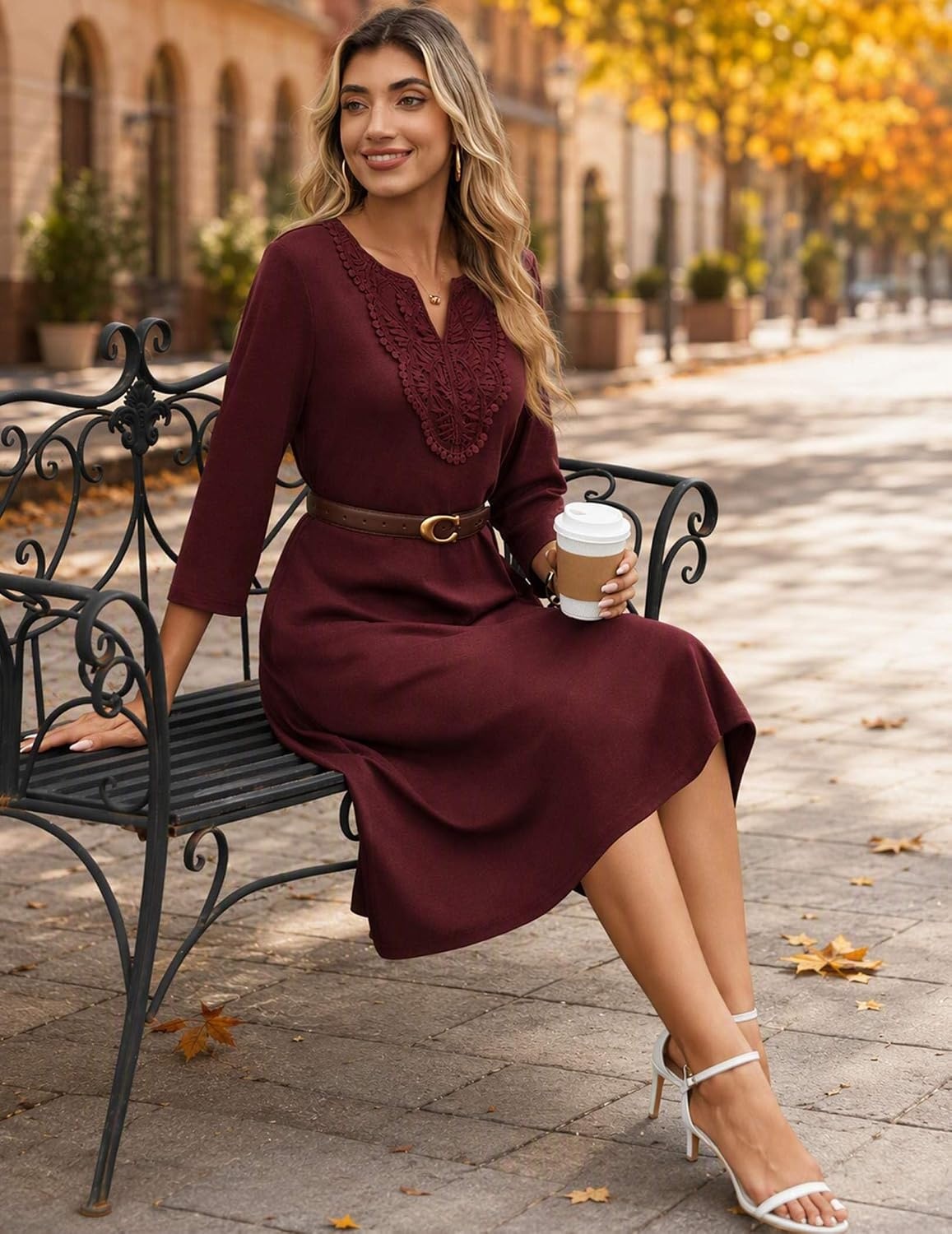 image:imageZeagoo 34 Sleeve Dress for Women Midi Dresses V Neck Lace Casual SundressDeep Red