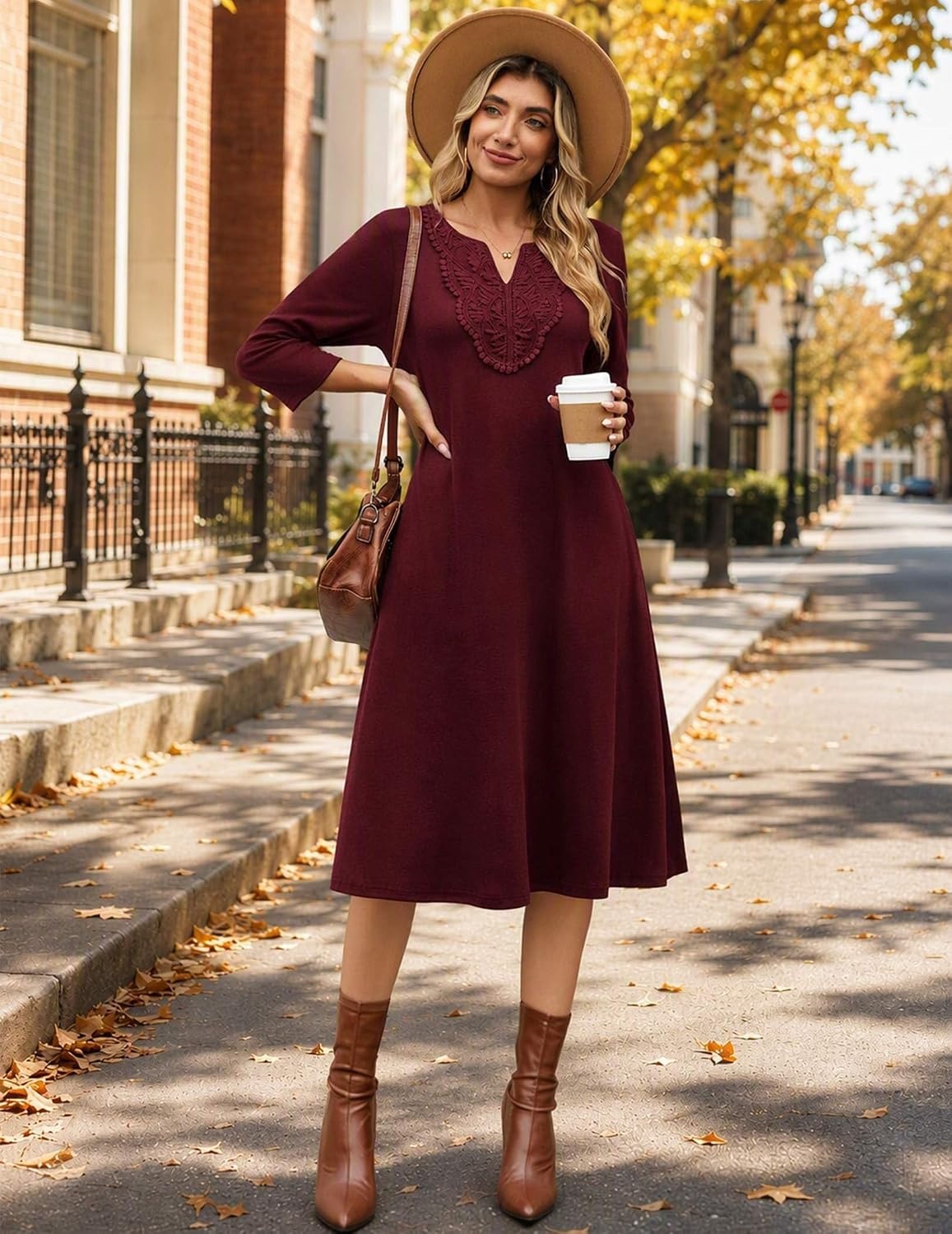 image:imageZeagoo 34 Sleeve Dress for Women Midi Dresses V Neck Lace Casual SundressDeep Red