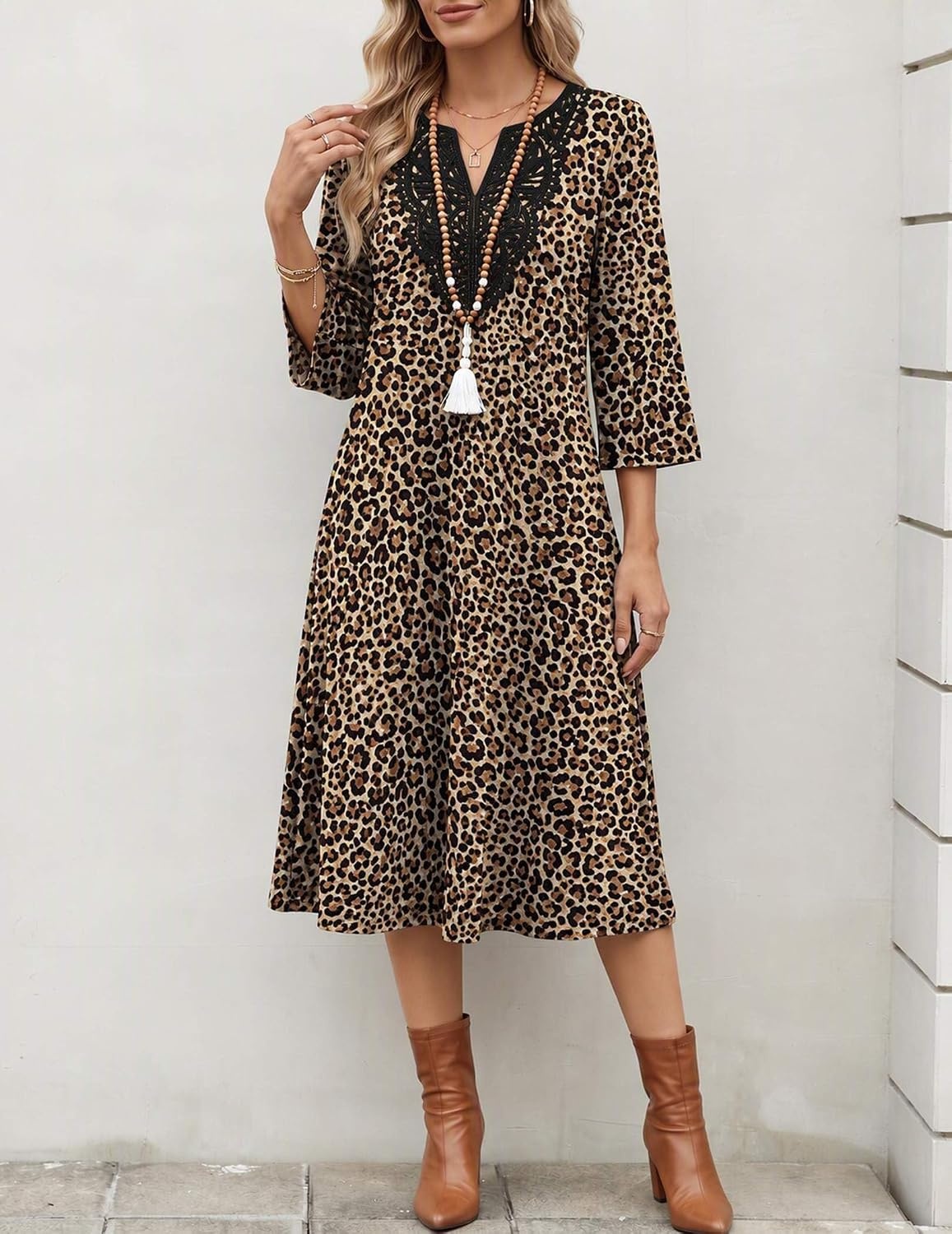 image:imageZeagoo 34 Sleeve Dress for Women Midi Dresses V Neck Lace Casual SundressLeopard