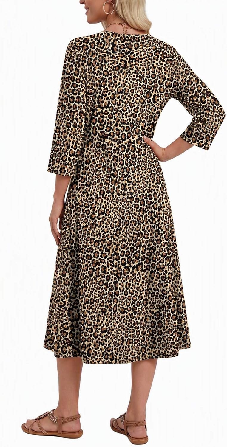 image:imageZeagoo 34 Sleeve Dress for Women Midi Dresses V Neck Lace Casual SundressLeopard