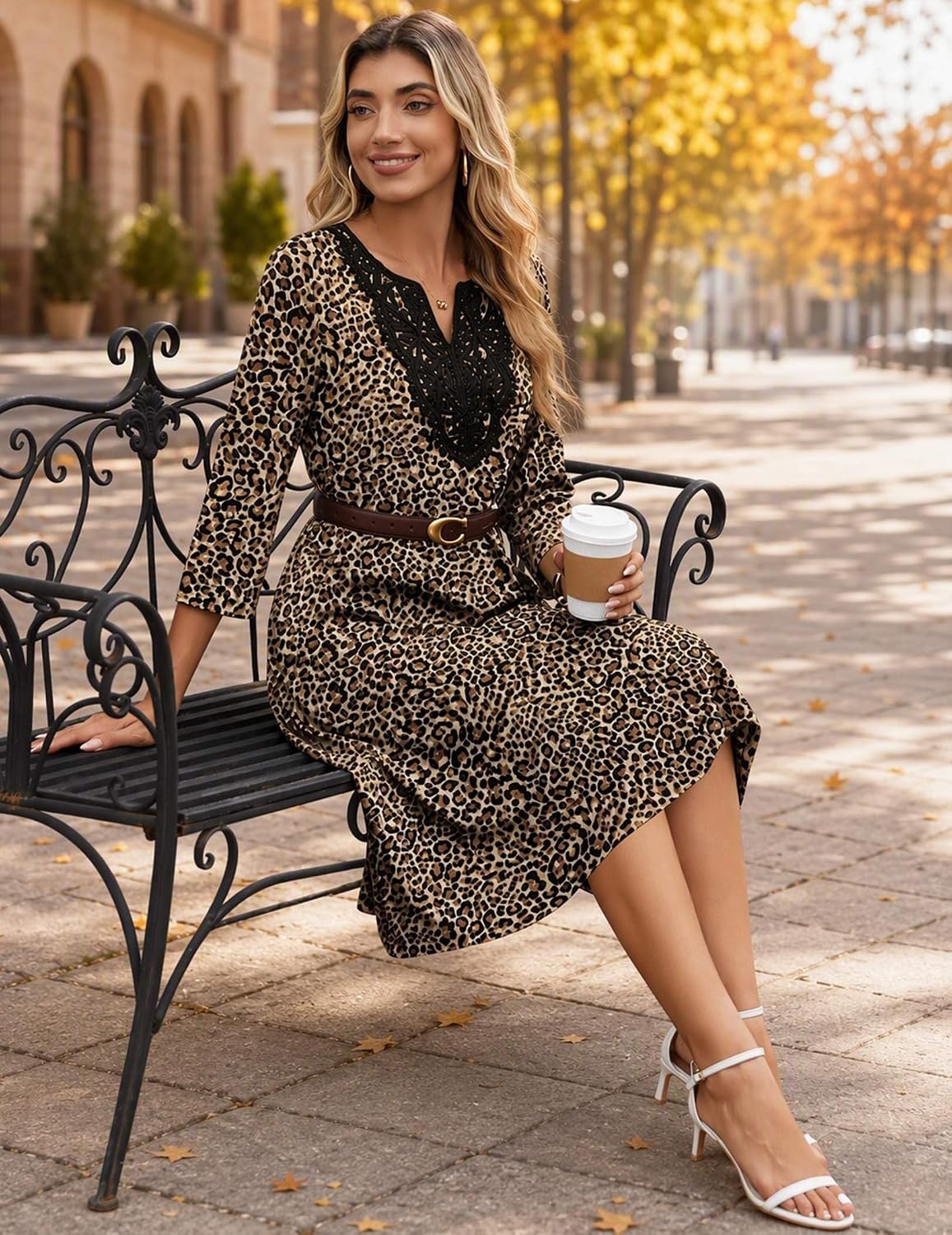 image:imageZeagoo 34 Sleeve Dress for Women Midi Dresses V Neck Lace Casual SundressLeopard