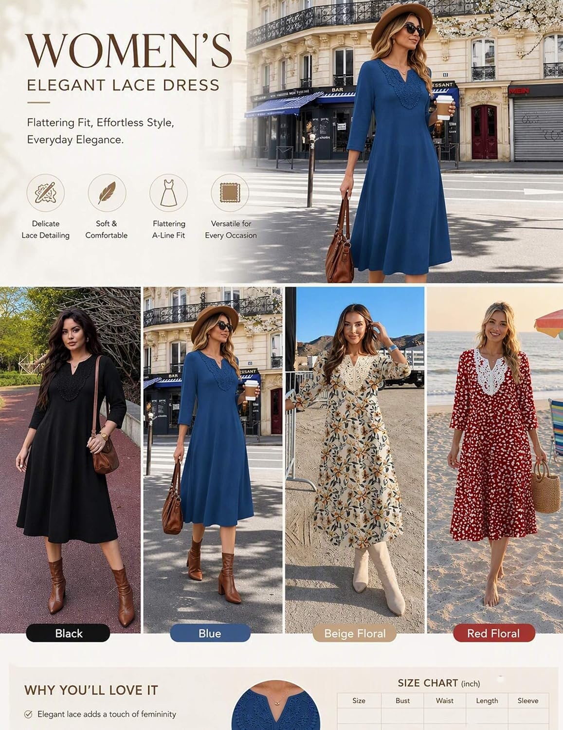 image:imageZeagoo 34 Sleeve Dress for Women Midi Dresses V Neck Lace Casual SundressLeopard