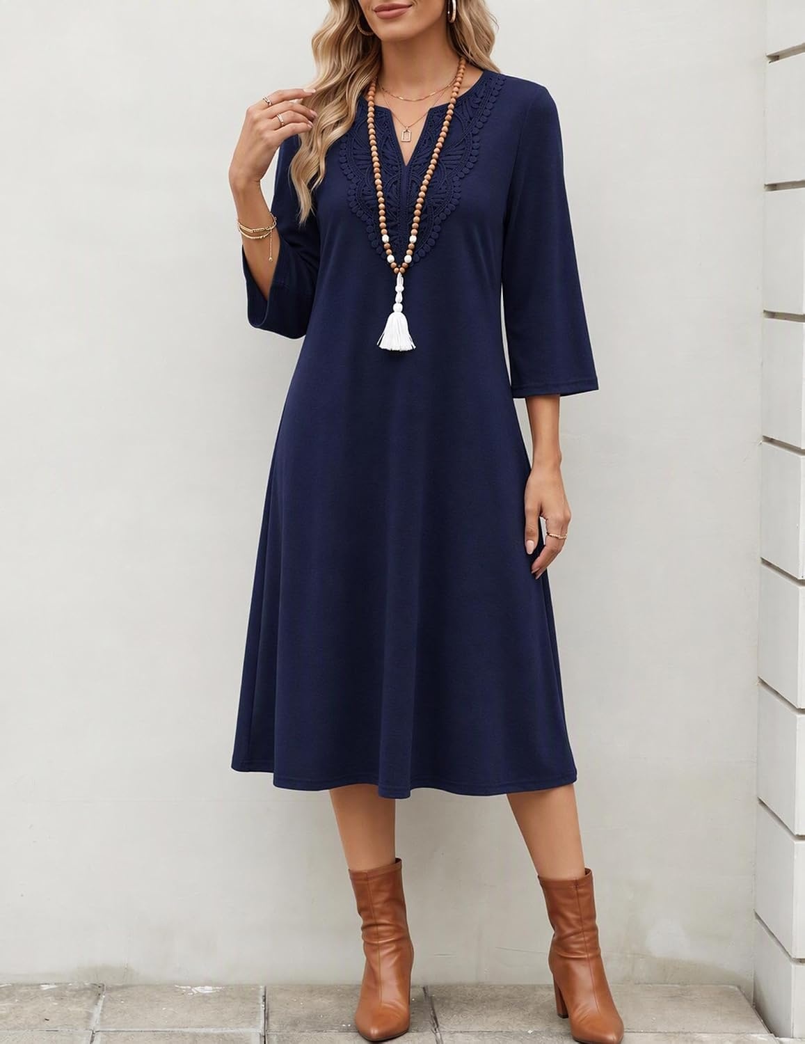 image:imageZeagoo 34 Sleeve Dress for Women Midi Dresses V Neck Lace Casual SundressNavy Blue