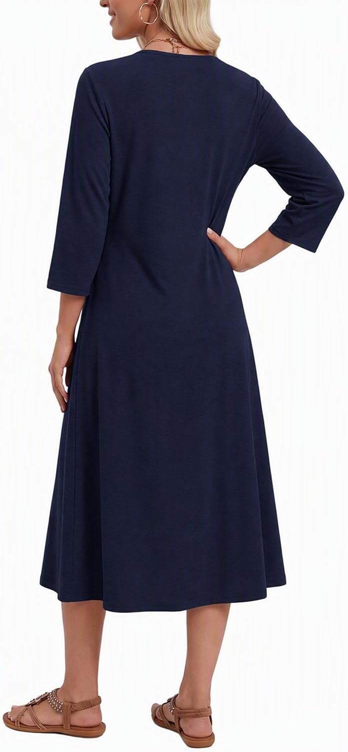 image:imageZeagoo 34 Sleeve Dress for Women Midi Dresses V Neck Lace Casual SundressNavy Blue