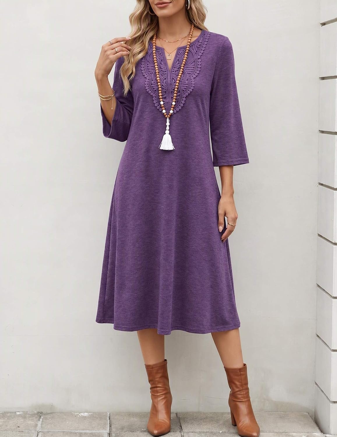 image:imageZeagoo 34 Sleeve Dress for Women Midi Dresses V Neck Lace Casual SundressPurple