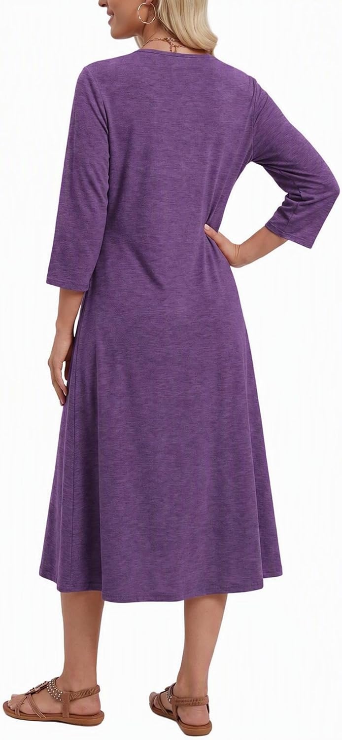 image:imageZeagoo 34 Sleeve Dress for Women Midi Dresses V Neck Lace Casual SundressPurple